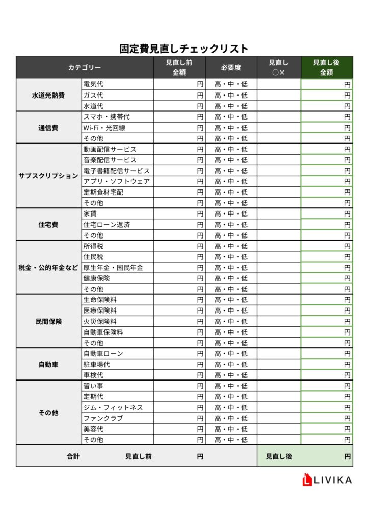 固定費見直しチェックリスト