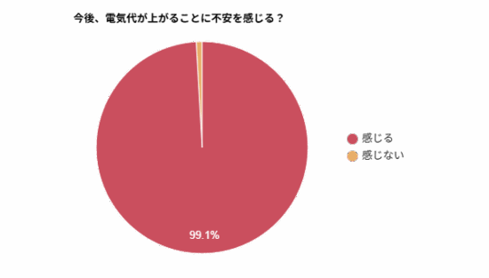 今後、電気代が上がることに不安を感じるかを示す円グラフ