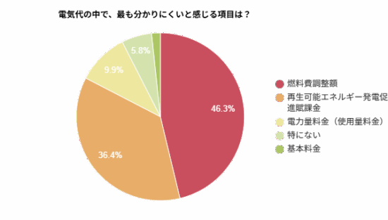 電気代の中で、最も分かりにくいと感じる項目を示す円グラフ